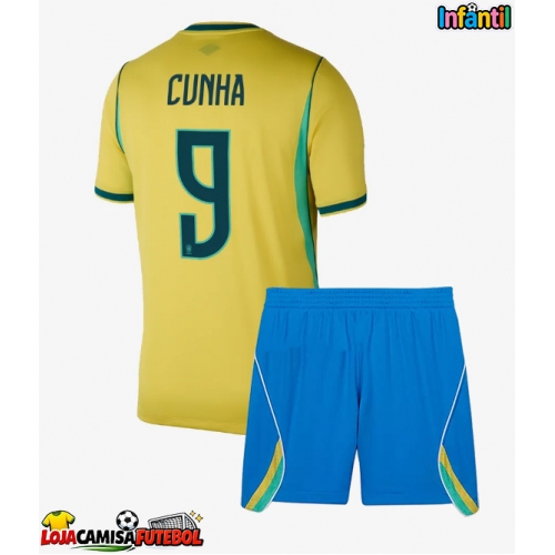 Camisa de Futebol Brasil Matheus Cunha #9 Equipamento Principal Infantil Mundo 2026 Manga Curta (+ Calças curtas)